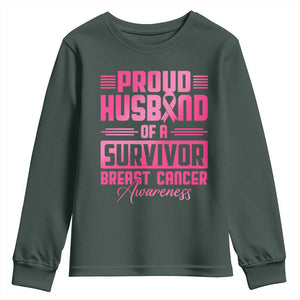 Husband Of A Warrior Breast Cancer Awareness Youth Sweatshirt Wife Support Squad TS10 Dark Forest Green Print Your Wear
