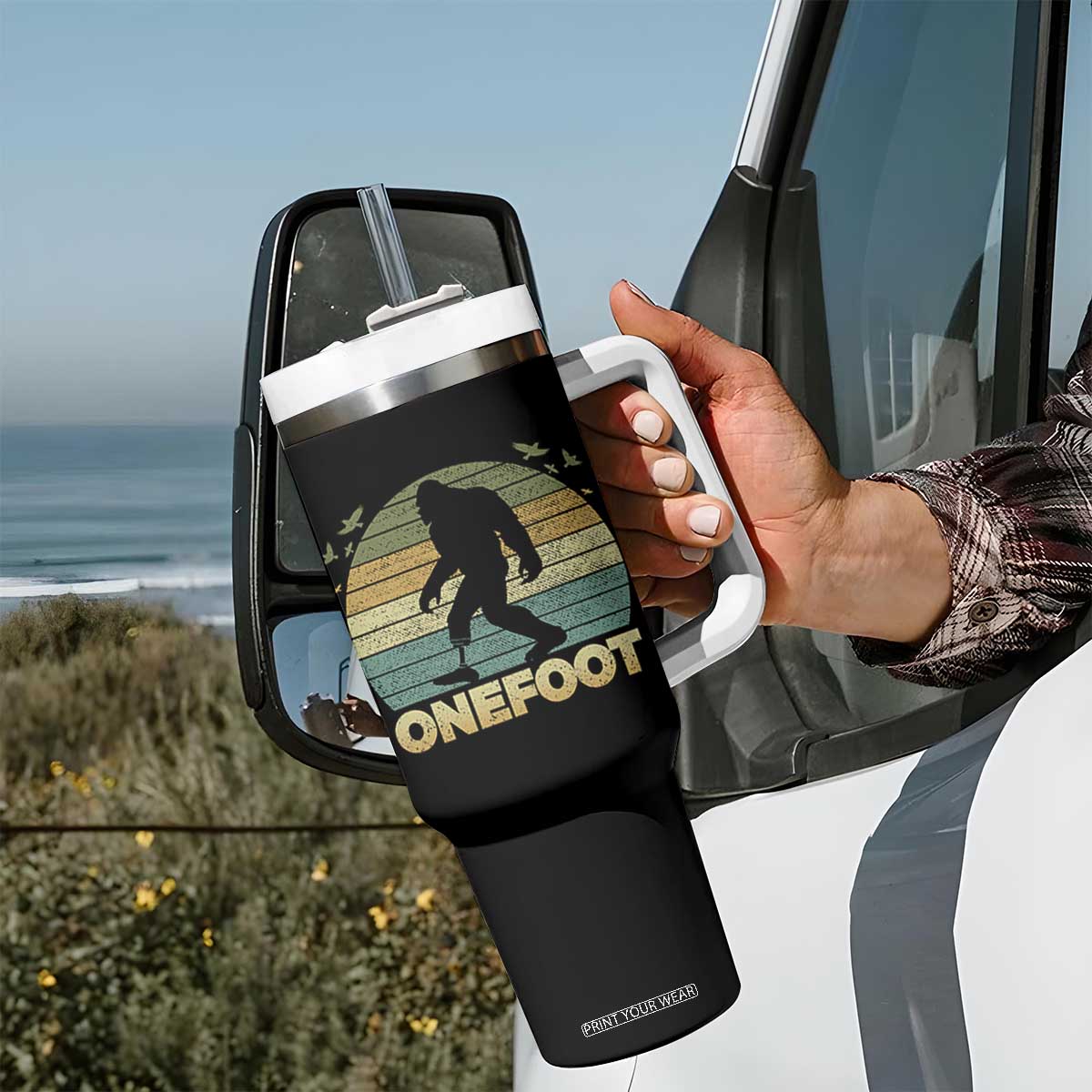 Onefoot Leg Amputee Recovery Tumbler With Handle Retro One Foot Bigfoot TS10 Print Your Wear