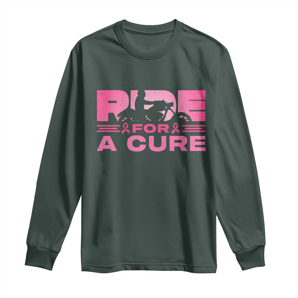 Breast Cancer Motorcycle Long Sleeve Shirt Pink Ribbon Ride For A Cure TS10 Dark Forest Green Print Your Wear