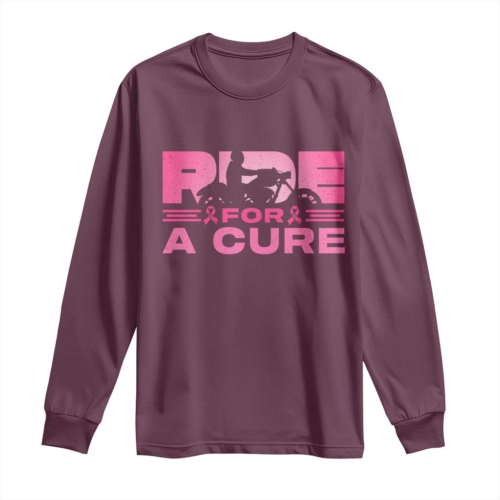 Breast Cancer Motorcycle Long Sleeve Shirt Pink Ribbon Ride For A Cure TS10 Maroon Print Your Wear