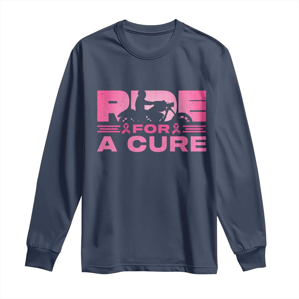 Breast Cancer Motorcycle Long Sleeve Shirt Pink Ribbon Ride For A Cure TS10 Navy Print Your Wear
