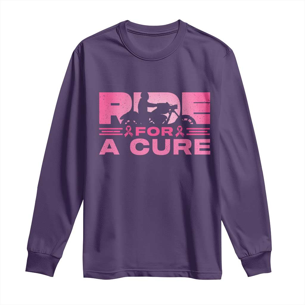 Breast Cancer Motorcycle Long Sleeve Shirt Pink Ribbon Ride For A Cure TS10 Purple Print Your Wear