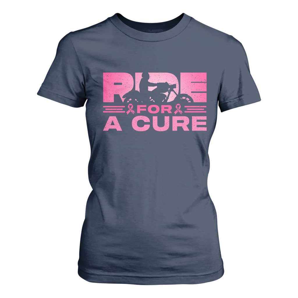 Breast Cancer Motorcycle T Shirt For Women Pink Ribbon Ride For A Cure TS10 Navy Print Your Wear