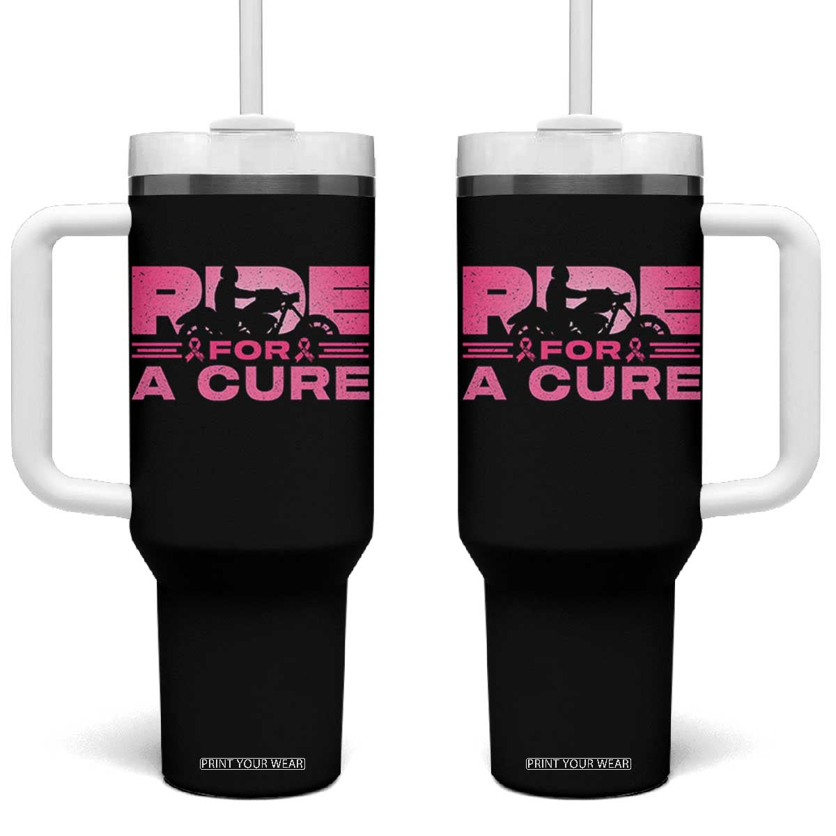 Breast Cancer Motorcycle Tumbler With Handle Pink Ribbon Ride For A Cure TS10 One Size: 40 oz Black Print Your Wear