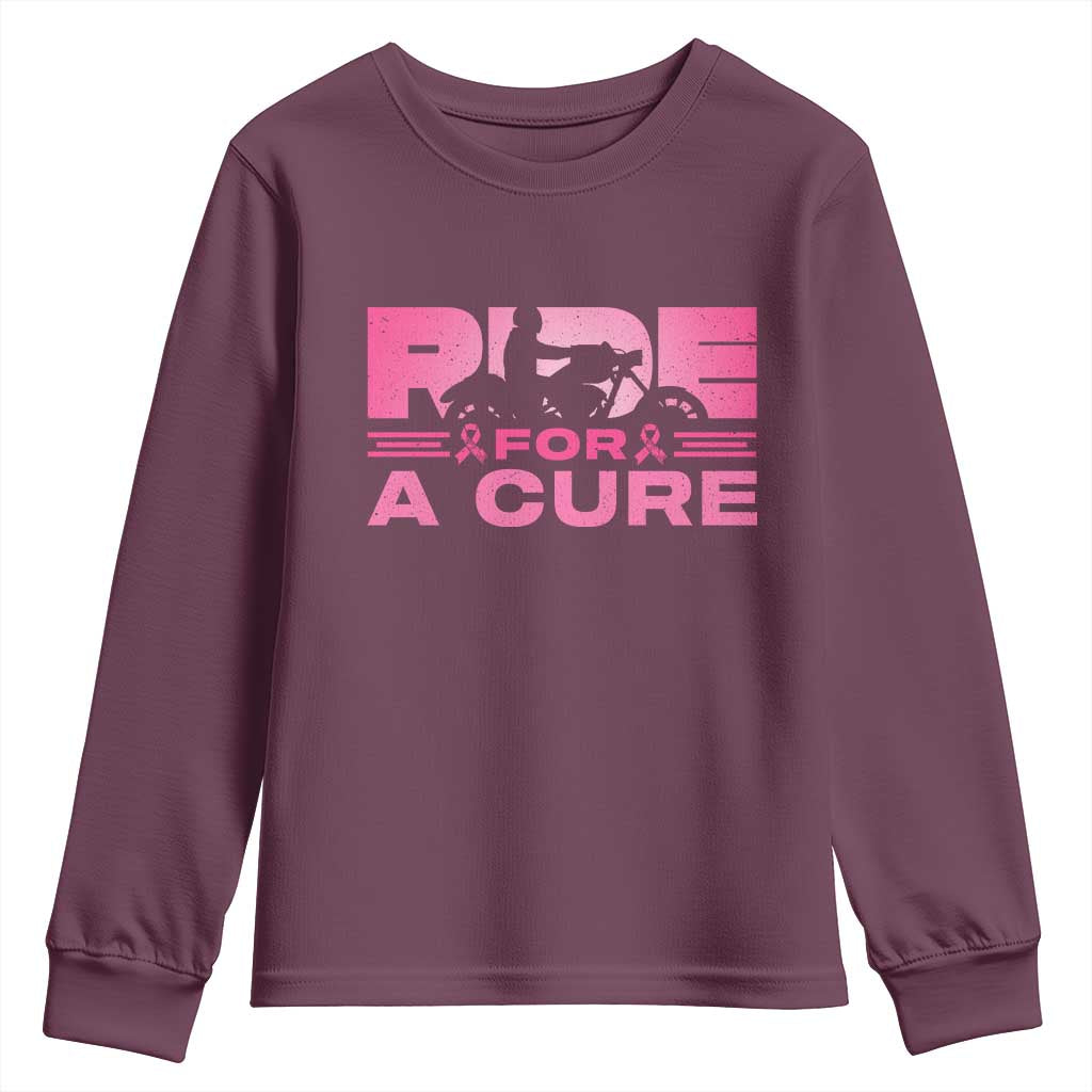 Breast Cancer Motorcycle Youth Sweatshirt Pink Ribbon Ride For A Cure TS10 Maroon Print Your Wear