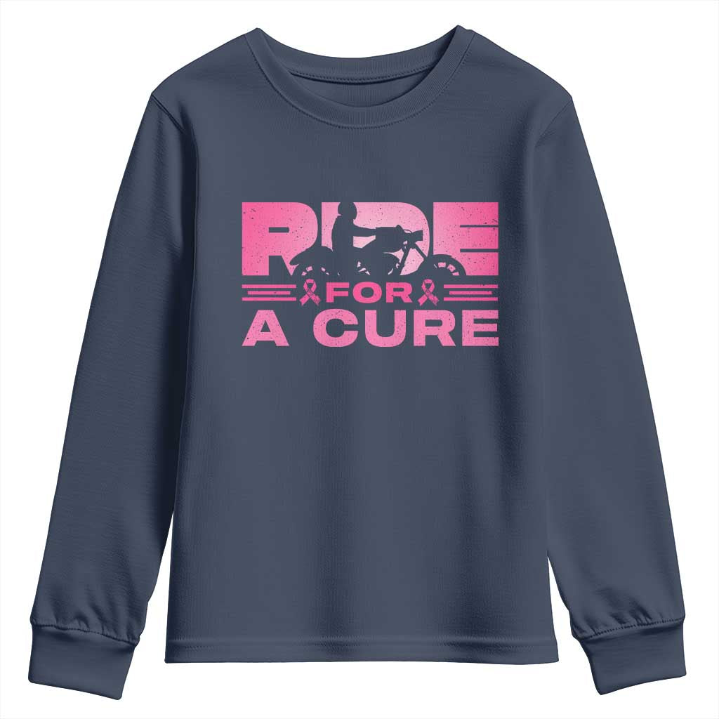 Breast Cancer Motorcycle Youth Sweatshirt Pink Ribbon Ride For A Cure TS10 Navy Print Your Wear