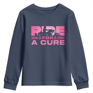 Breast Cancer Motorcycle Youth Sweatshirt Pink Ribbon Ride For A Cure TS10 Navy Print Your Wear