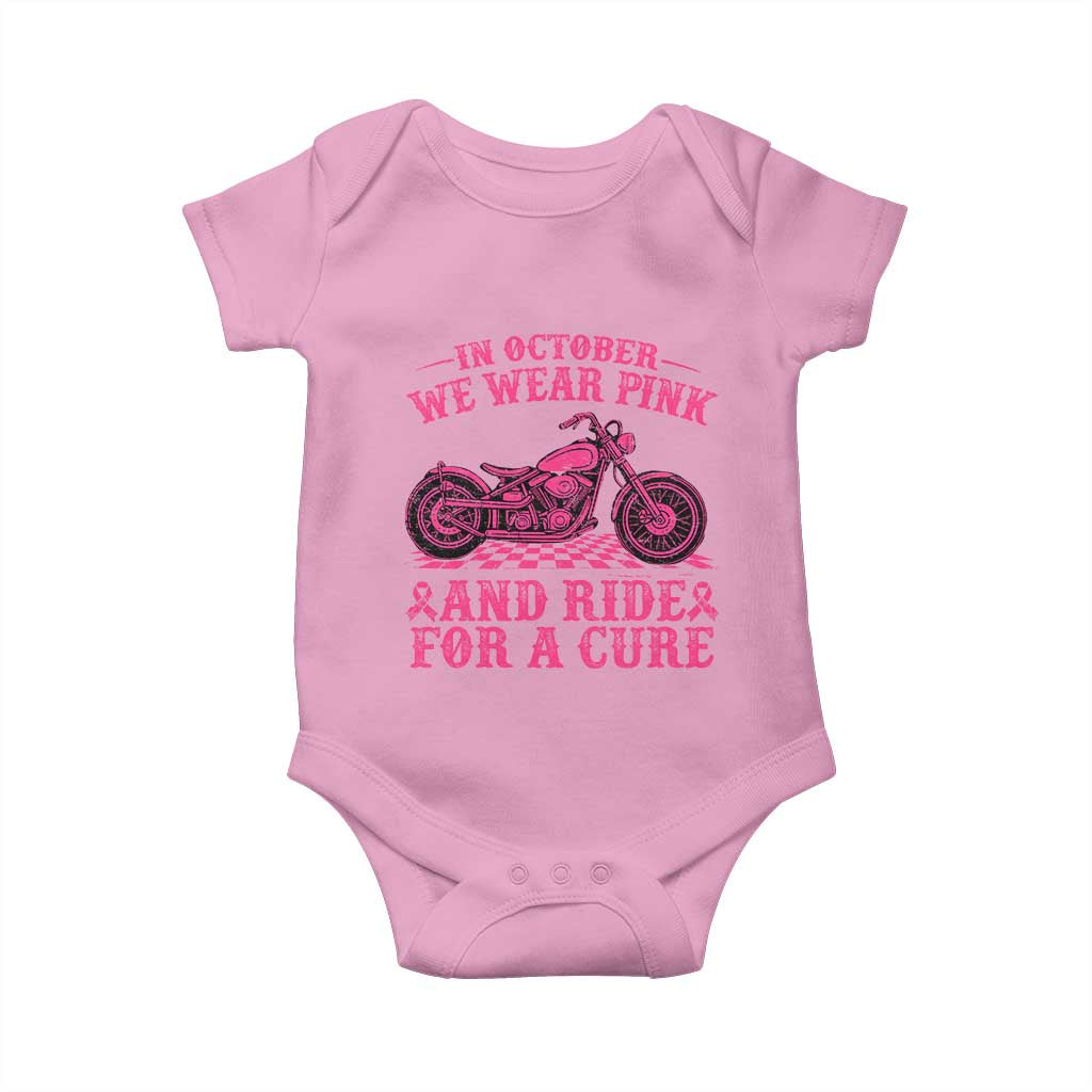 Breast Cancer Motorcycle Baby Onesie In October We Wear Pink Ride For A Cure TS10 Light Pink Print Your Wear