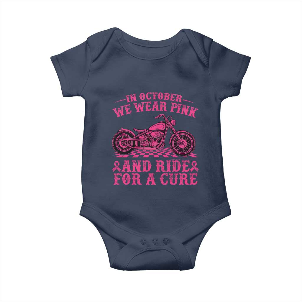 Breast Cancer Motorcycle Baby Onesie In October We Wear Pink Ride For A Cure TS10 Navy Print Your Wear