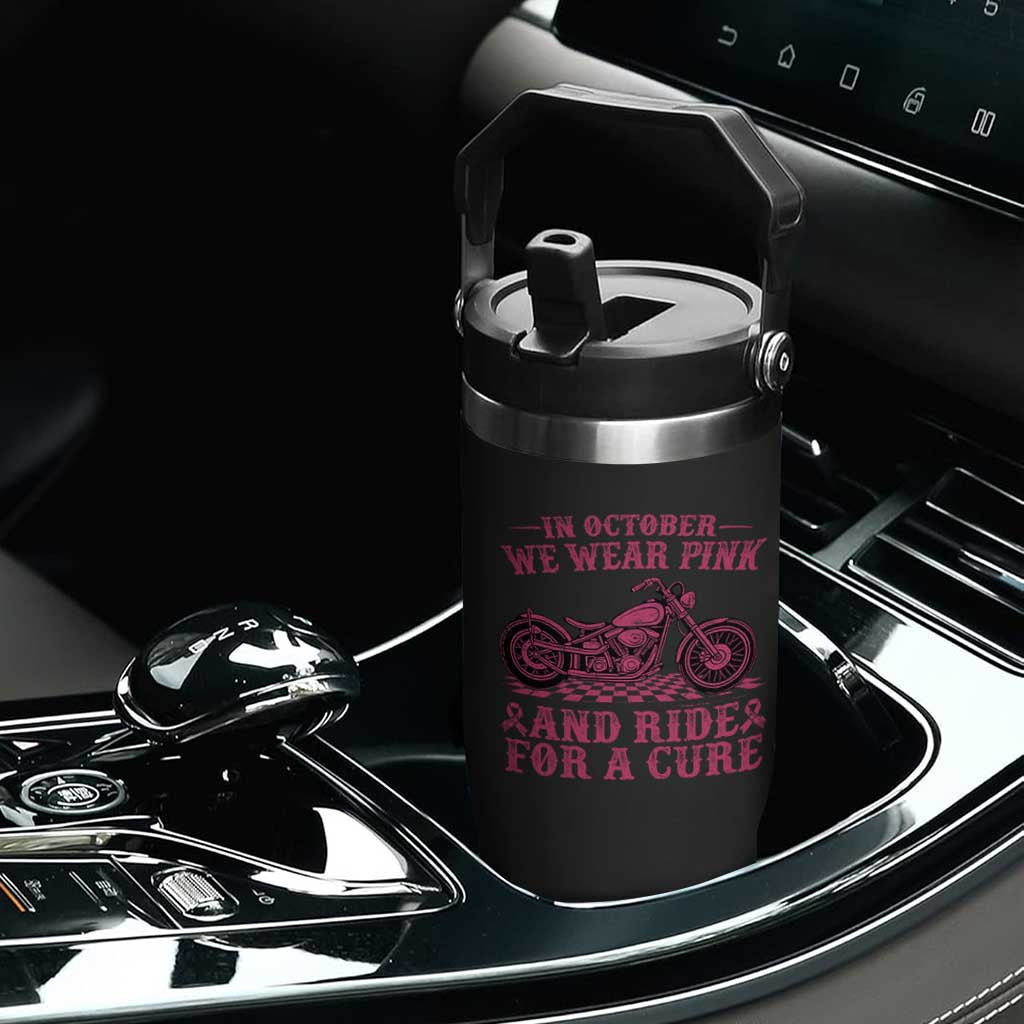 Breast Cancer Motorcycle Flip Straw Tumbler In October We Wear Pink Ride For A Cure TS10 Print Your Wear