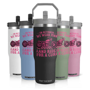 Breast Cancer Motorcycle Flip Straw Tumbler In October We Wear Pink Ride For A Cure TS10 Print Your Wear