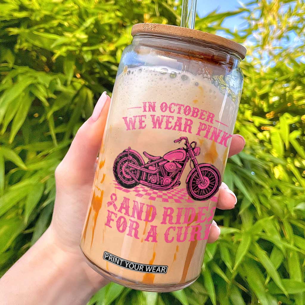 Breast Cancer Motorcycle Glass Can In October We Wear Pink Ride For A Cure TS10 Black Print Your Wear