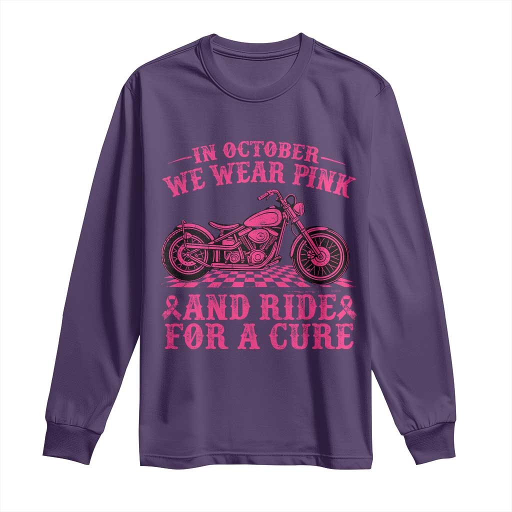 Breast Cancer Motorcycle Long Sleeve Shirt In October We Wear Pink Ride For A Cure TS10 Purple Print Your Wear