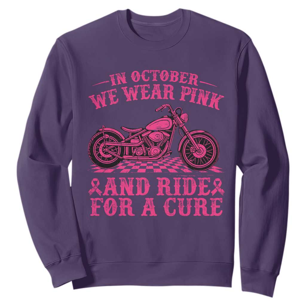 Breast Cancer Motorcycle Sweatshirt In October We Wear Pink Ride For A Cure TS10 Purple Print Your Wear