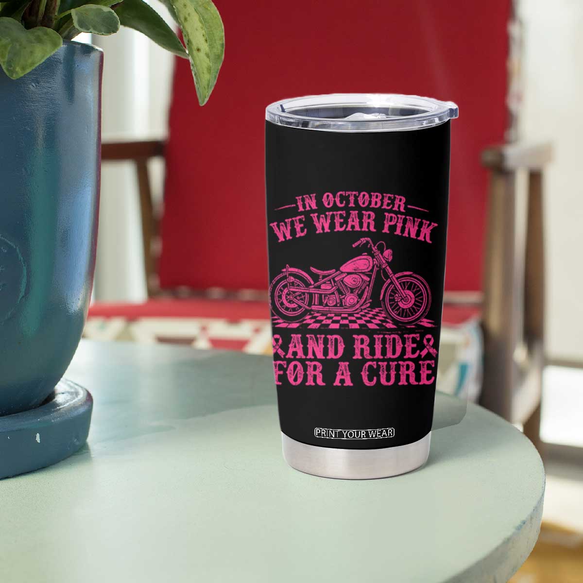 Breast Cancer Motorcycle Tumbler Cup In October We Wear Pink Ride For A Cure TS10 Print Your Wear