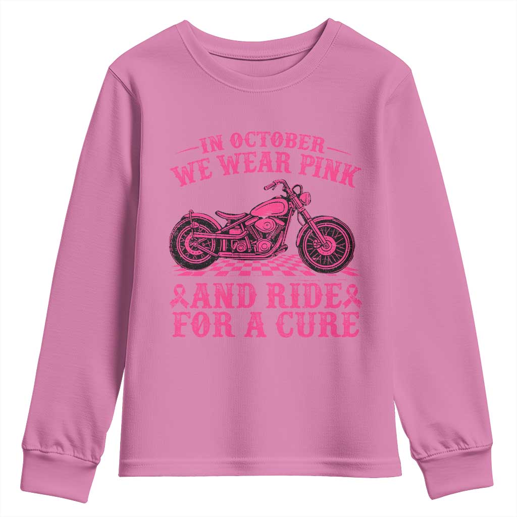 Breast Cancer Motorcycle Youth Sweatshirt In October We Wear Pink Ride For A Cure TS10 Azalea Print Your Wear