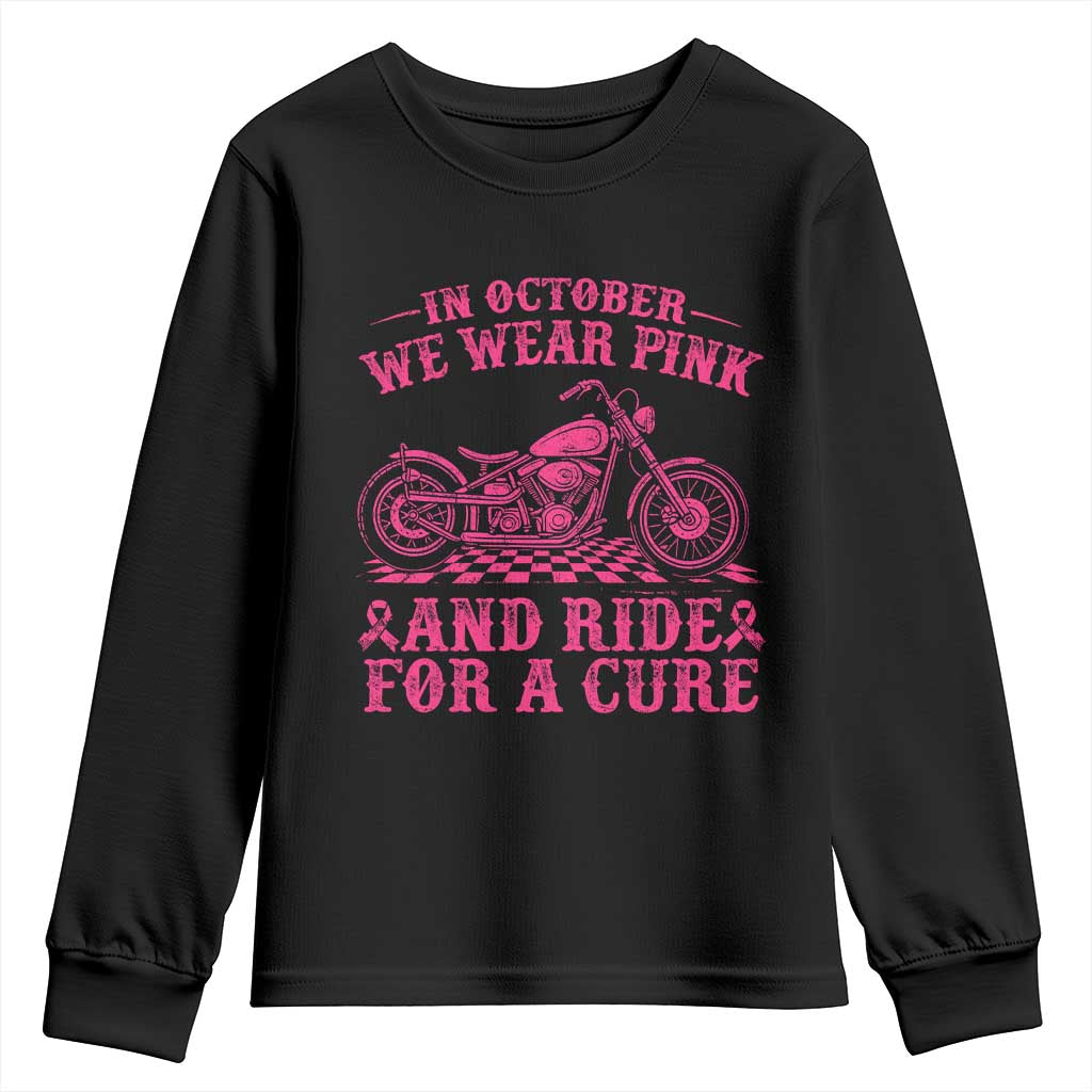 Breast Cancer Motorcycle Youth Sweatshirt In October We Wear Pink Ride For A Cure TS10 Black Print Your Wear