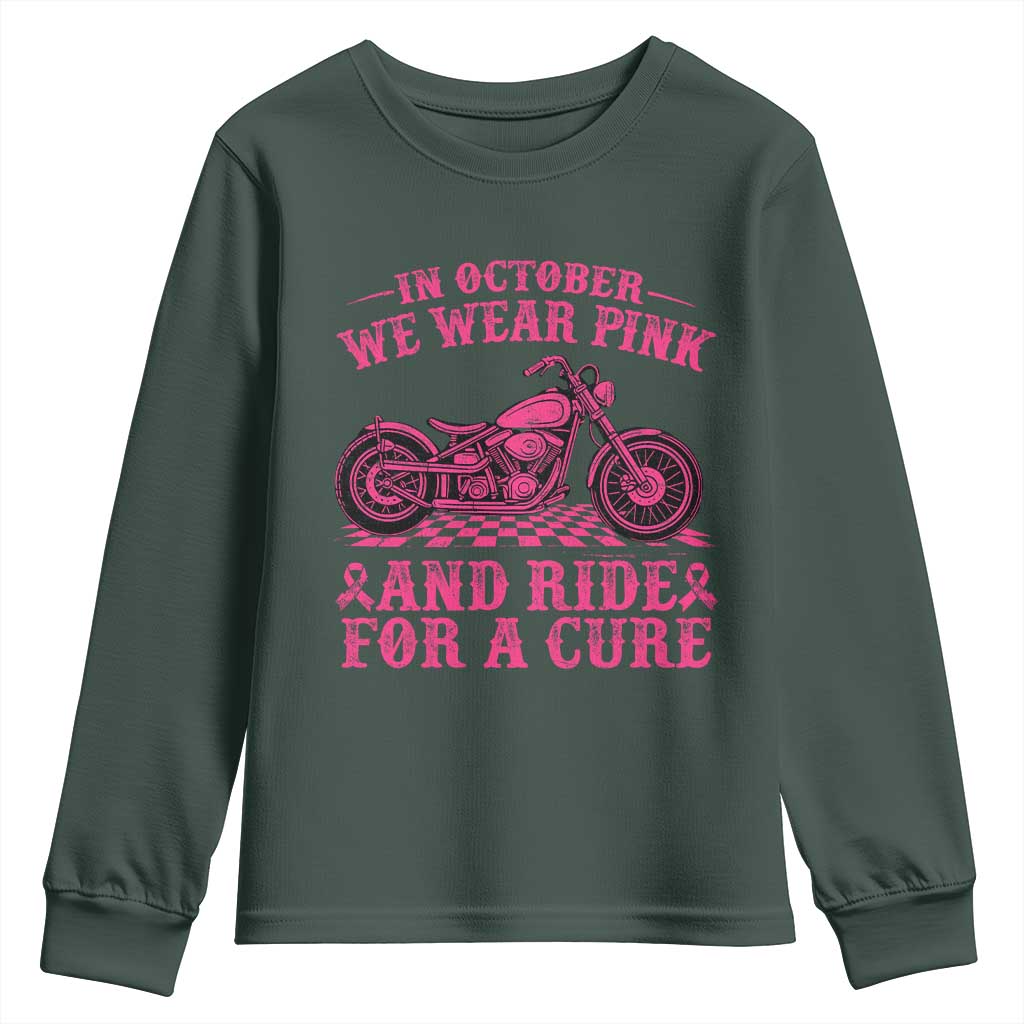 Breast Cancer Motorcycle Youth Sweatshirt In October We Wear Pink Ride For A Cure TS10 Dark Forest Green Print Your Wear