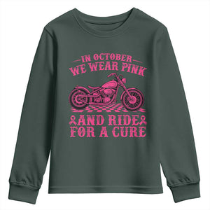 Breast Cancer Motorcycle Youth Sweatshirt In October We Wear Pink Ride For A Cure TS10 Dark Forest Green Print Your Wear