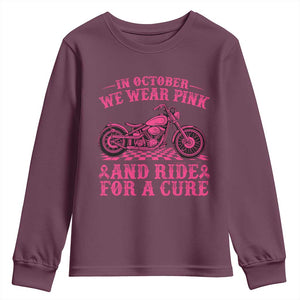 Breast Cancer Motorcycle Youth Sweatshirt In October We Wear Pink Ride For A Cure TS10 Maroon Print Your Wear