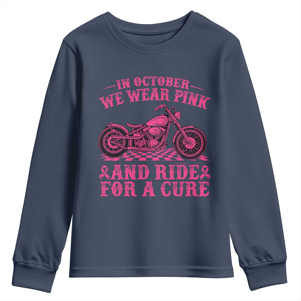 Breast Cancer Motorcycle Youth Sweatshirt In October We Wear Pink Ride For A Cure TS10 Navy Print Your Wear