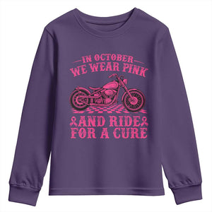 Breast Cancer Motorcycle Youth Sweatshirt In October We Wear Pink Ride For A Cure TS10 Purple Print Your Wear