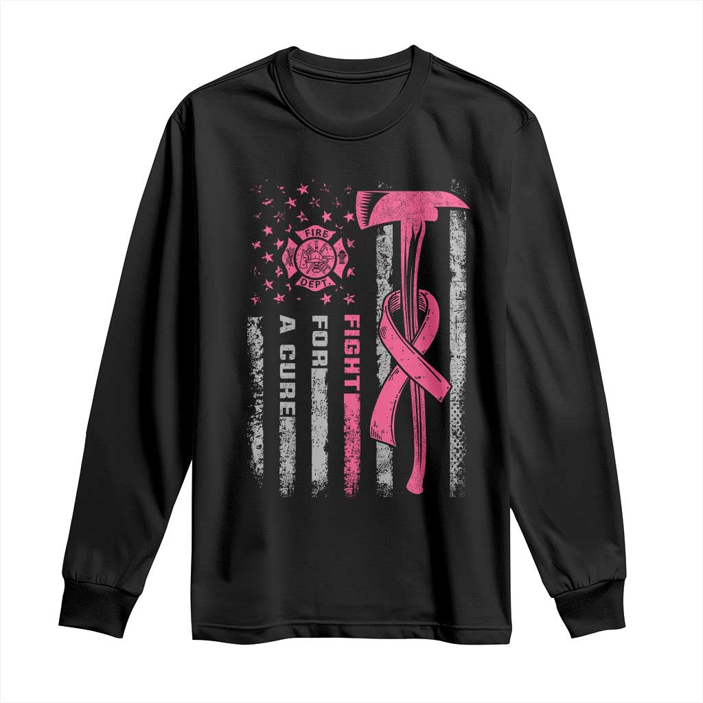 Firefighter Breast Cancer Awareness Long Sleeve Shirt Fight For A Cure American Flag TS10 Black Print Your Wear