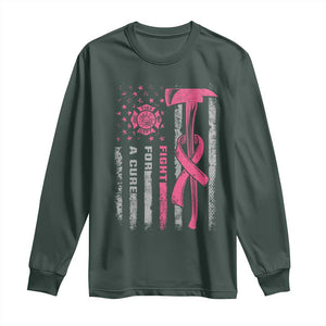 Firefighter Breast Cancer Awareness Long Sleeve Shirt Fight For A Cure American Flag TS10 Dark Forest Green Print Your Wear