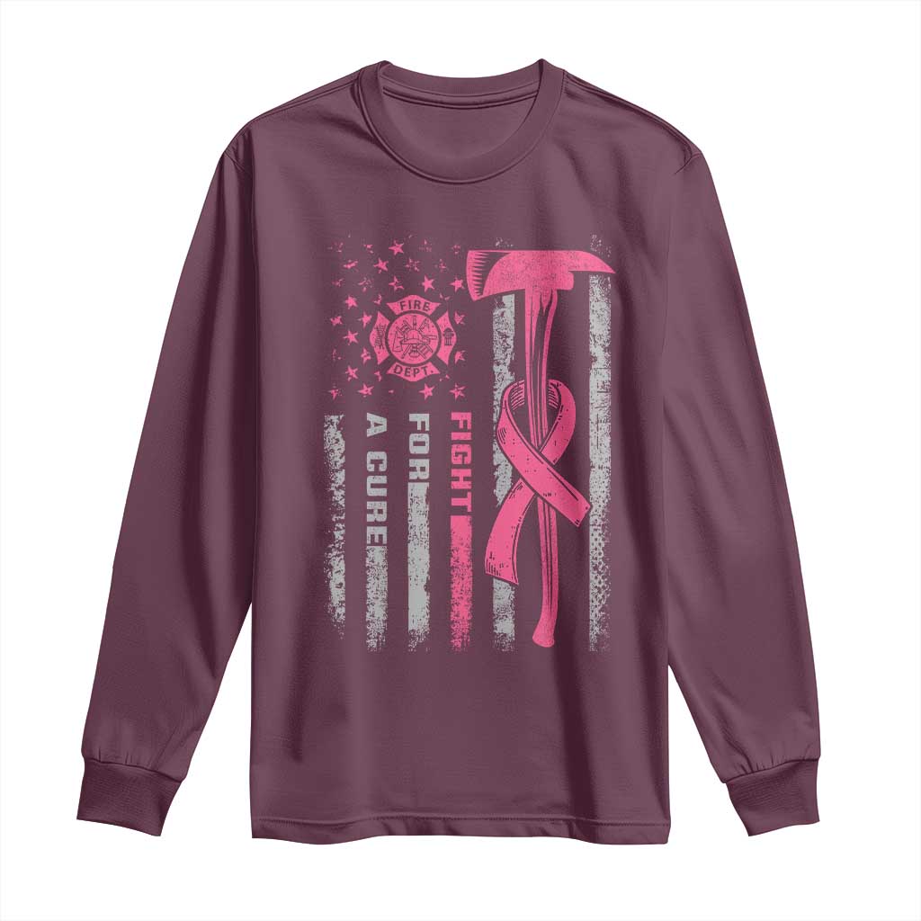 Firefighter Breast Cancer Awareness Long Sleeve Shirt Fight For A Cure American Flag TS10 Maroon Print Your Wear