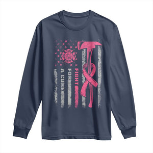 Firefighter Breast Cancer Awareness Long Sleeve Shirt Fight For A Cure American Flag TS10 Navy Print Your Wear