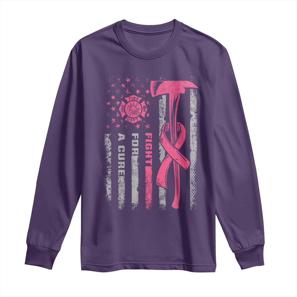Firefighter Breast Cancer Awareness Long Sleeve Shirt Fight For A Cure American Flag TS10 Purple Print Your Wear