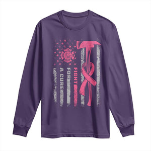 Firefighter Breast Cancer Awareness Long Sleeve Shirt Fight For A Cure American Flag TS10 Purple Print Your Wear