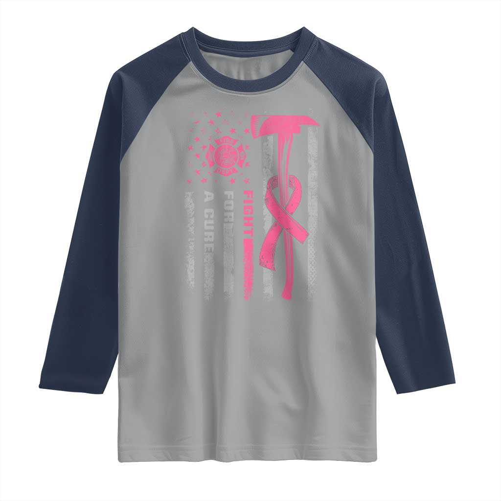 Firefighter Breast Cancer Awareness Raglan Shirt Fight For A Cure American Flag TS10 Sport Gray Navy Print Your Wear