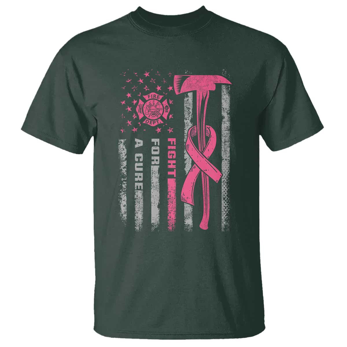 Firefighter Breast Cancer Awareness T Shirt Fight For A Cure American Flag TS10 Dark Forest Green Print Your Wear