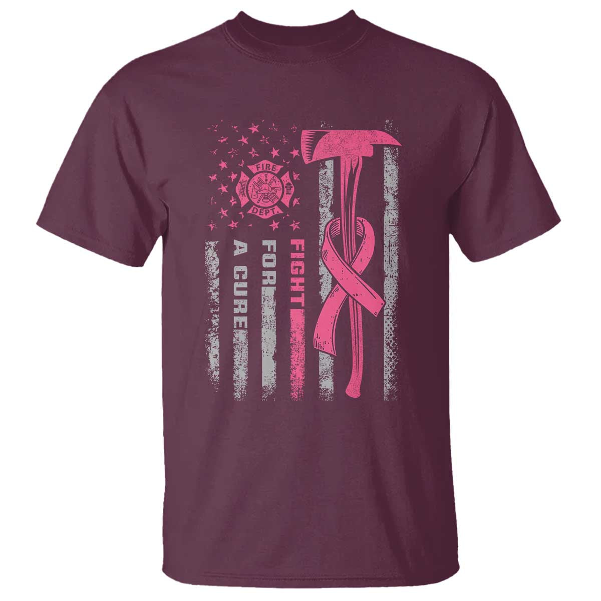 Firefighter Breast Cancer Awareness T Shirt Fight For A Cure American Flag TS10 Maroon Print Your Wear