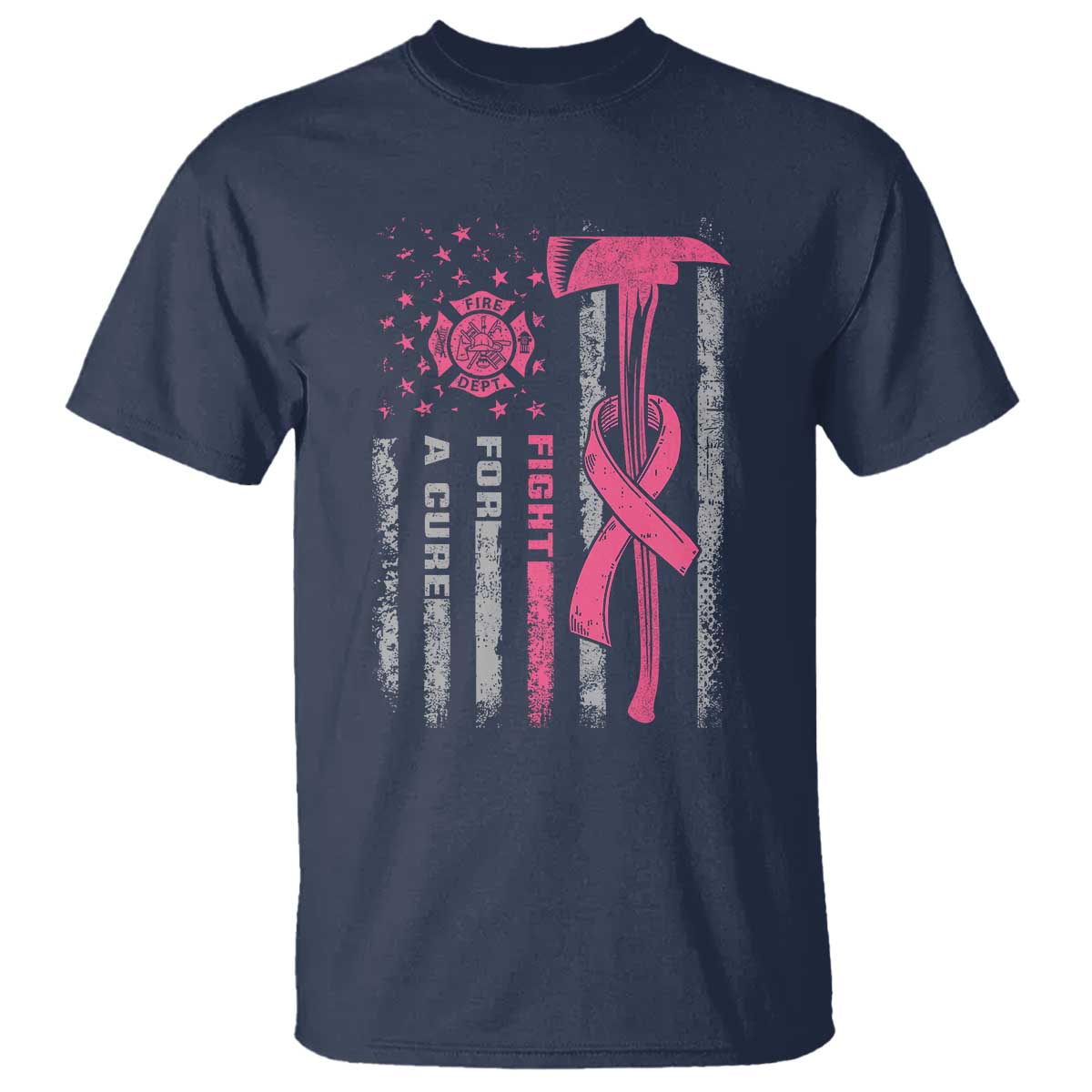 Firefighter Breast Cancer Awareness T Shirt Fight For A Cure American Flag TS10 Navy Print Your Wear