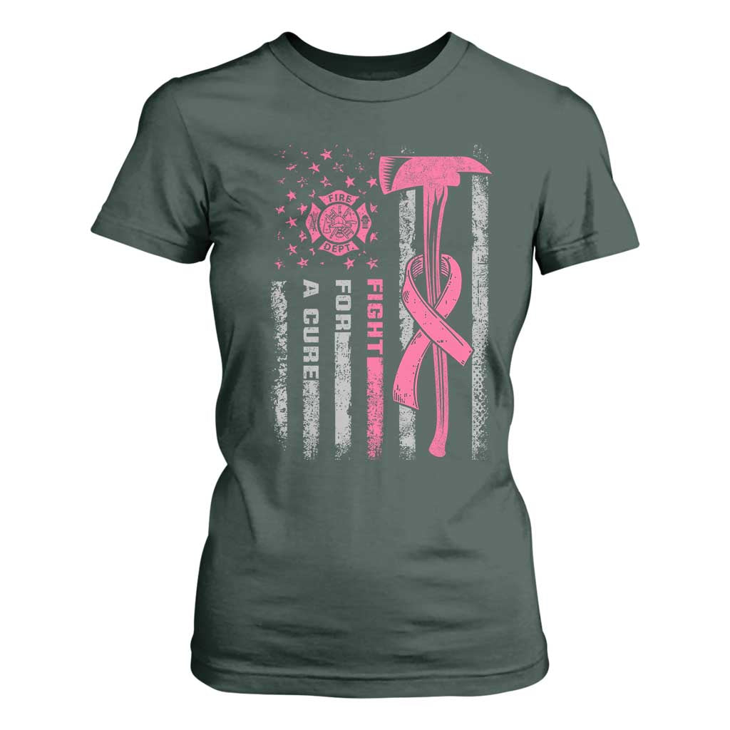 Firefighter Breast Cancer Awareness T Shirt For Women Fight For A Cure American Flag TS10 Dark Forest Green Print Your Wear