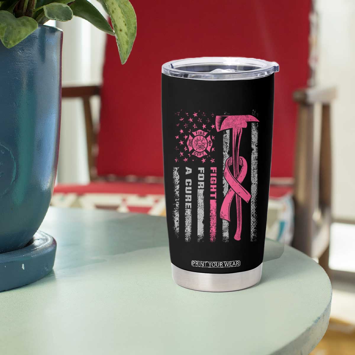 Firefighter Breast Cancer Awareness Tumbler Cup Fight For A Cure American Flag TS10 Print Your Wear