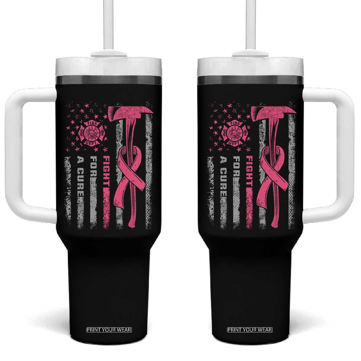 Firefighter Breast Cancer Awareness Tumbler With Handle Fight For A Cure American Flag TS10 One Size: 40 oz Black Print Your Wear