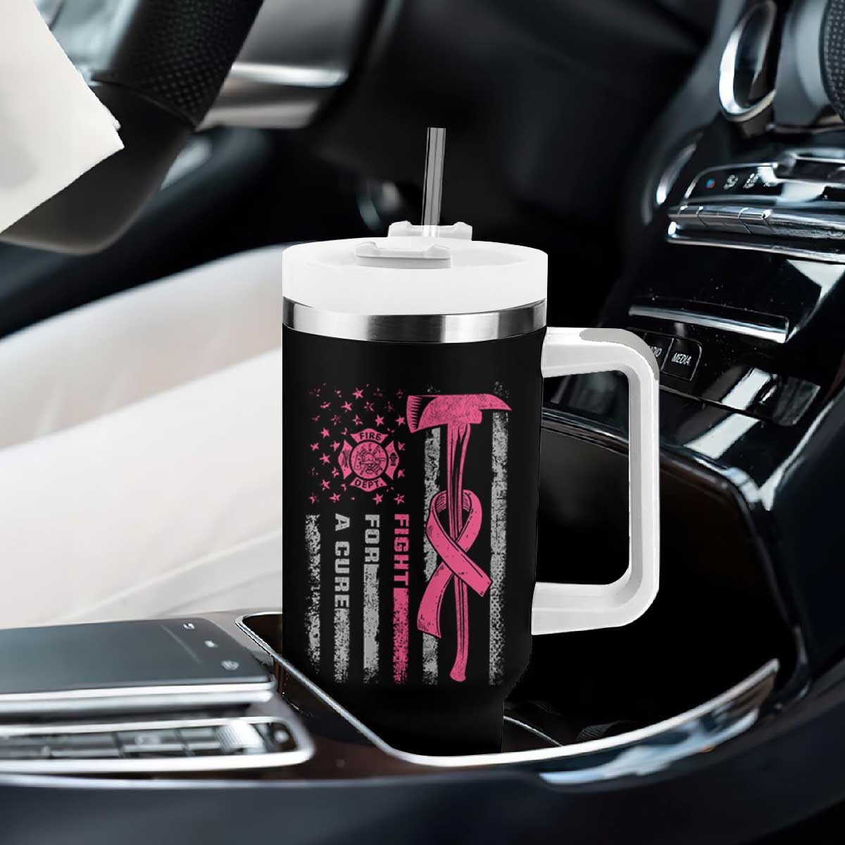 Firefighter Breast Cancer Awareness Tumbler With Handle Fight For A Cure American Flag TS10 Print Your Wear