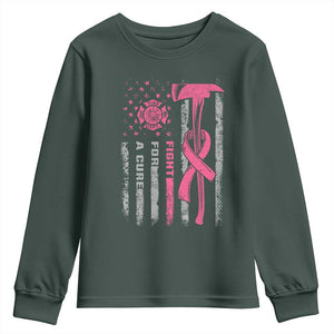 Firefighter Breast Cancer Awareness Youth Sweatshirt Fight For A Cure American Flag TS10 Dark Forest Green Print Your Wear