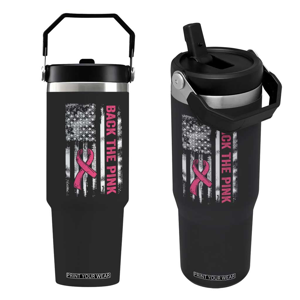 Back The Pink Ribbon Breast Cancer Awareness Flip Straw Tumbler American Flag TS10 One Size: 30 oz Black Print Your Wear