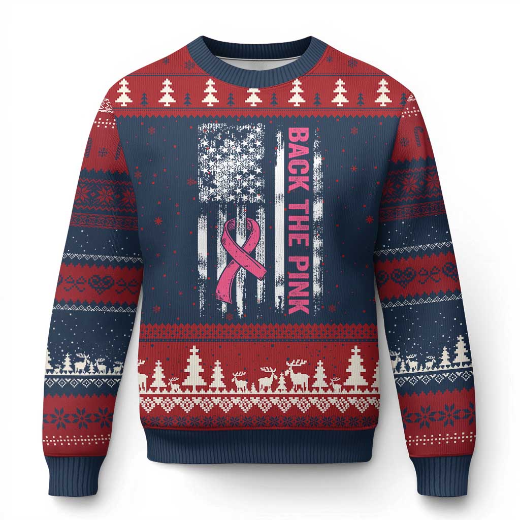 Back The Pink Ribbon Breast Cancer Awareness Ugly Christmas Sweater American Flag TS10 Navy Red Print Your Wear