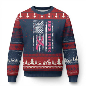 Back The Pink Ribbon Breast Cancer Awareness Ugly Christmas Sweater American Flag TS10 Navy Red Print Your Wear
