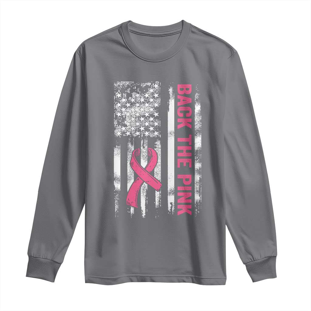 Back The Pink Ribbon Breast Cancer Awareness Long Sleeve Shirt American Flag TS10 Charcoal Print Your Wear
