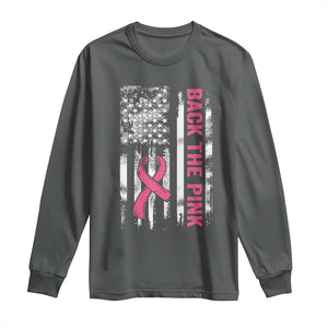 Back The Pink Ribbon Breast Cancer Awareness Long Sleeve Shirt American Flag TS10 Dark Heather Print Your Wear