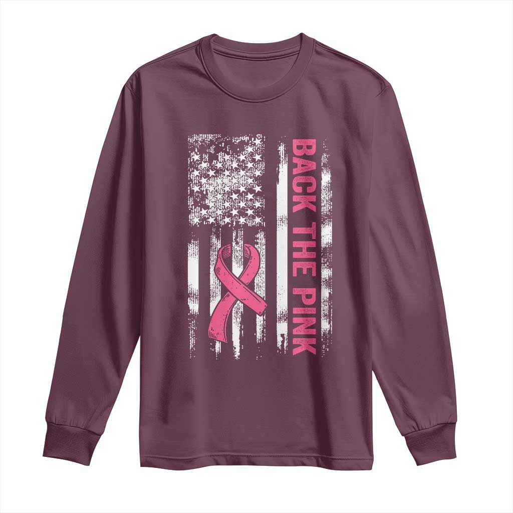 Back The Pink Ribbon Breast Cancer Awareness Long Sleeve Shirt American Flag TS10 Maroon Print Your Wear