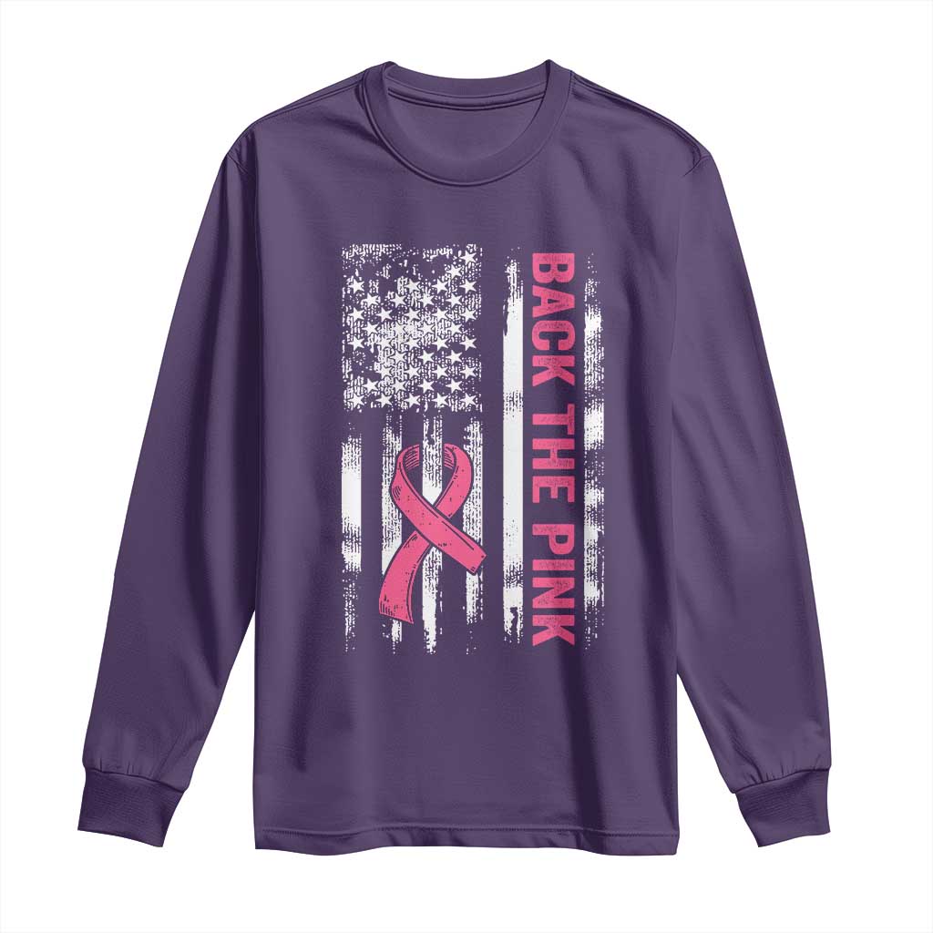 Back The Pink Ribbon Breast Cancer Awareness Long Sleeve Shirt American Flag TS10 Purple Print Your Wear