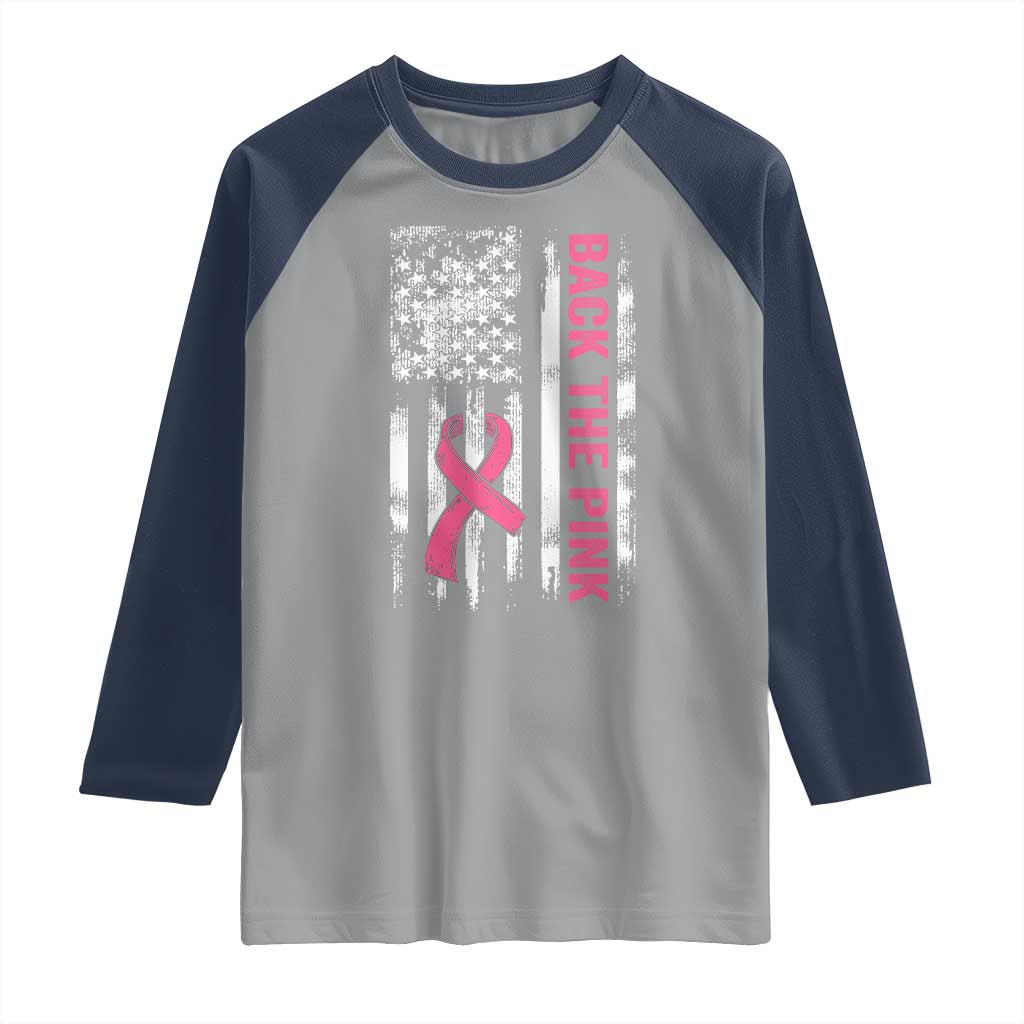Back The Pink Ribbon Breast Cancer Awareness Raglan Shirt American Flag TS10 Sport Gray Navy Print Your Wear