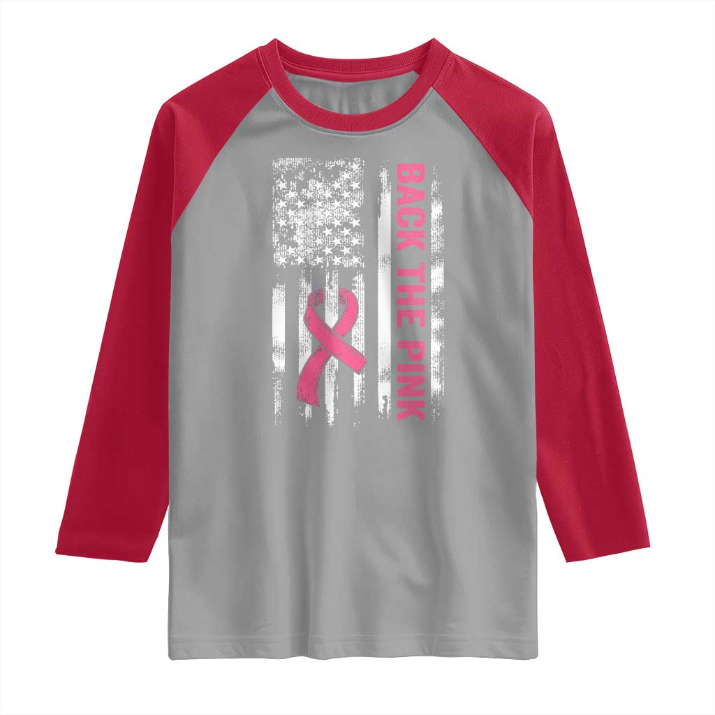 Back The Pink Ribbon Breast Cancer Awareness Raglan Shirt American Flag TS10 Sport Gray Red Print Your Wear